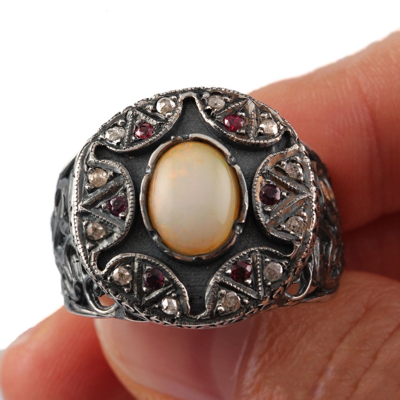 Opal & Elmas 925 Ayar Gümüş Erkek Yüzük — görsel 2
