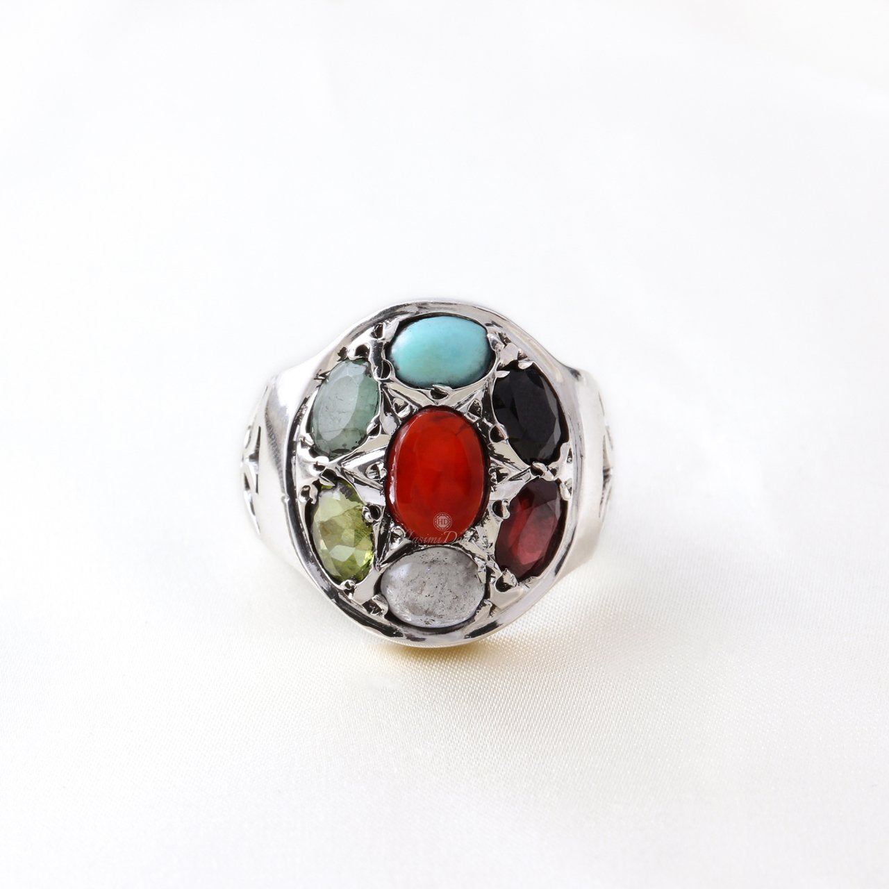 Peridot, Granat ve Firuze Doğaltaşlı Erkek Gümüş Yüzük — görsel 4