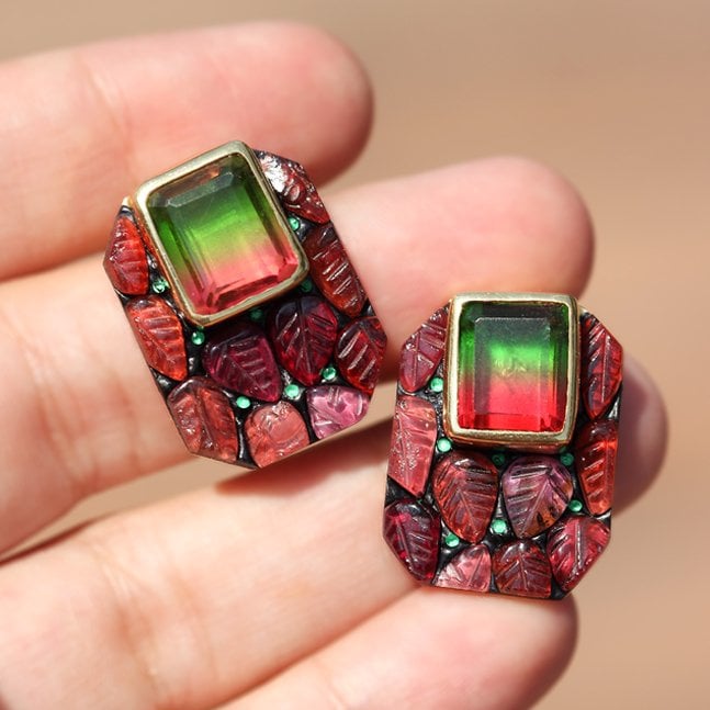 Turmalin & Granat Doublet Küpe — Garnet doğal taş — görsel 2