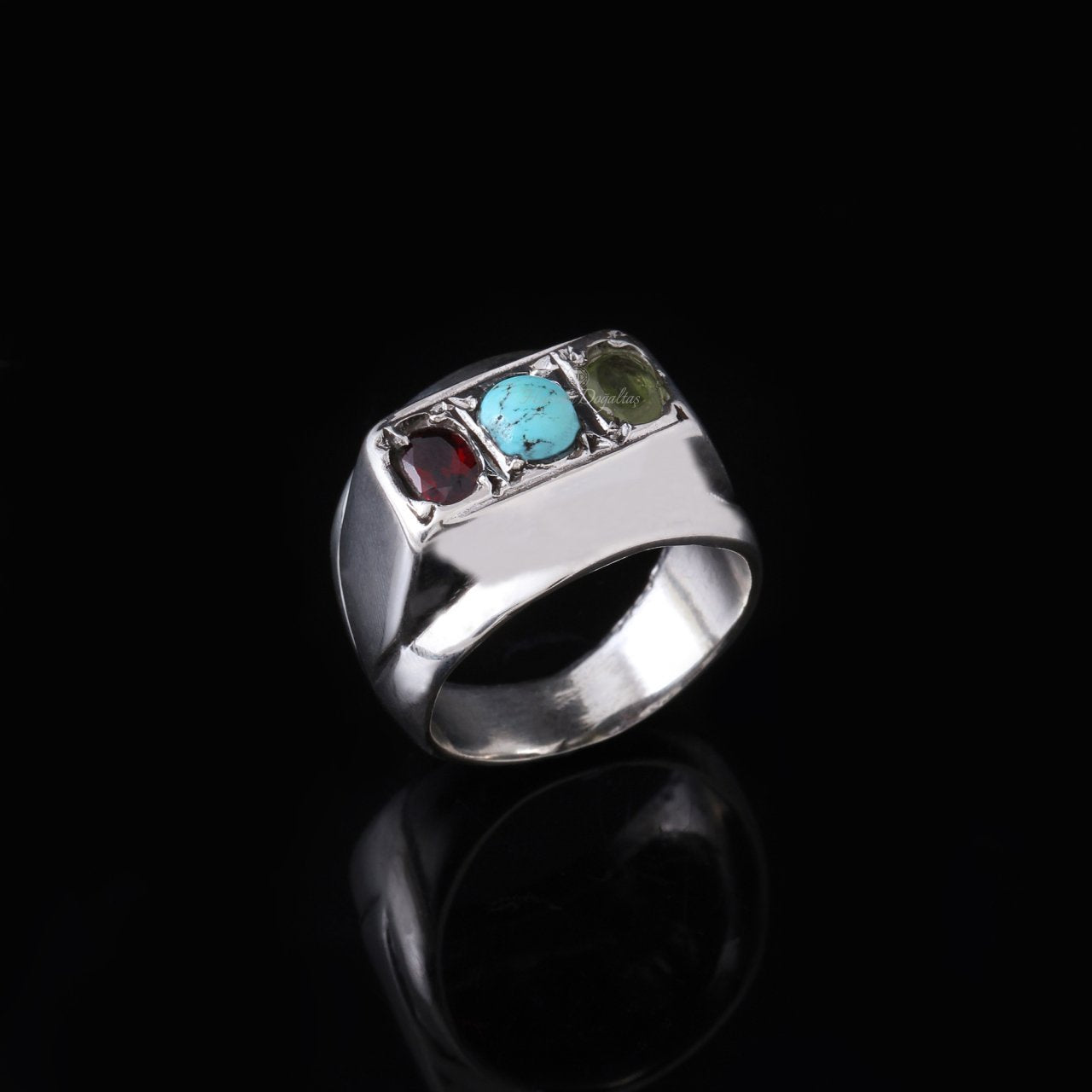 Firuze, Garnet ve Peridot Doğaltaşlı Erkek Gümüş Yüzük — görsel 4