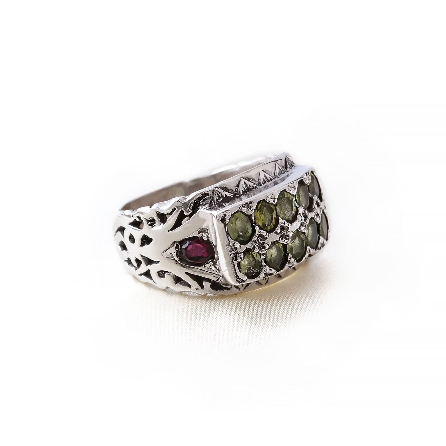 Granat & Peridot Erkek Gümüş Yüzük