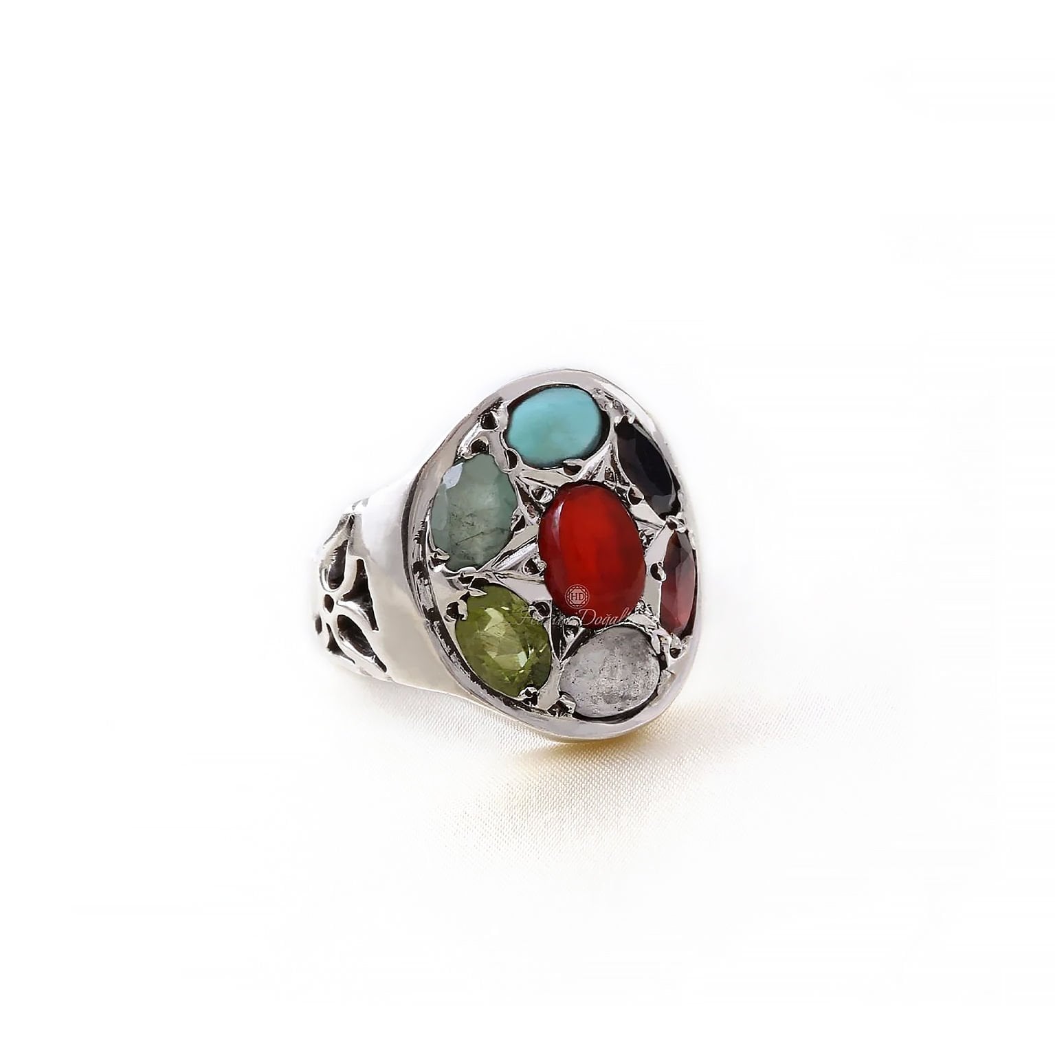 Peridot, Granat ve Firuze Doğaltaşlı Erkek Gümüş Yüzük