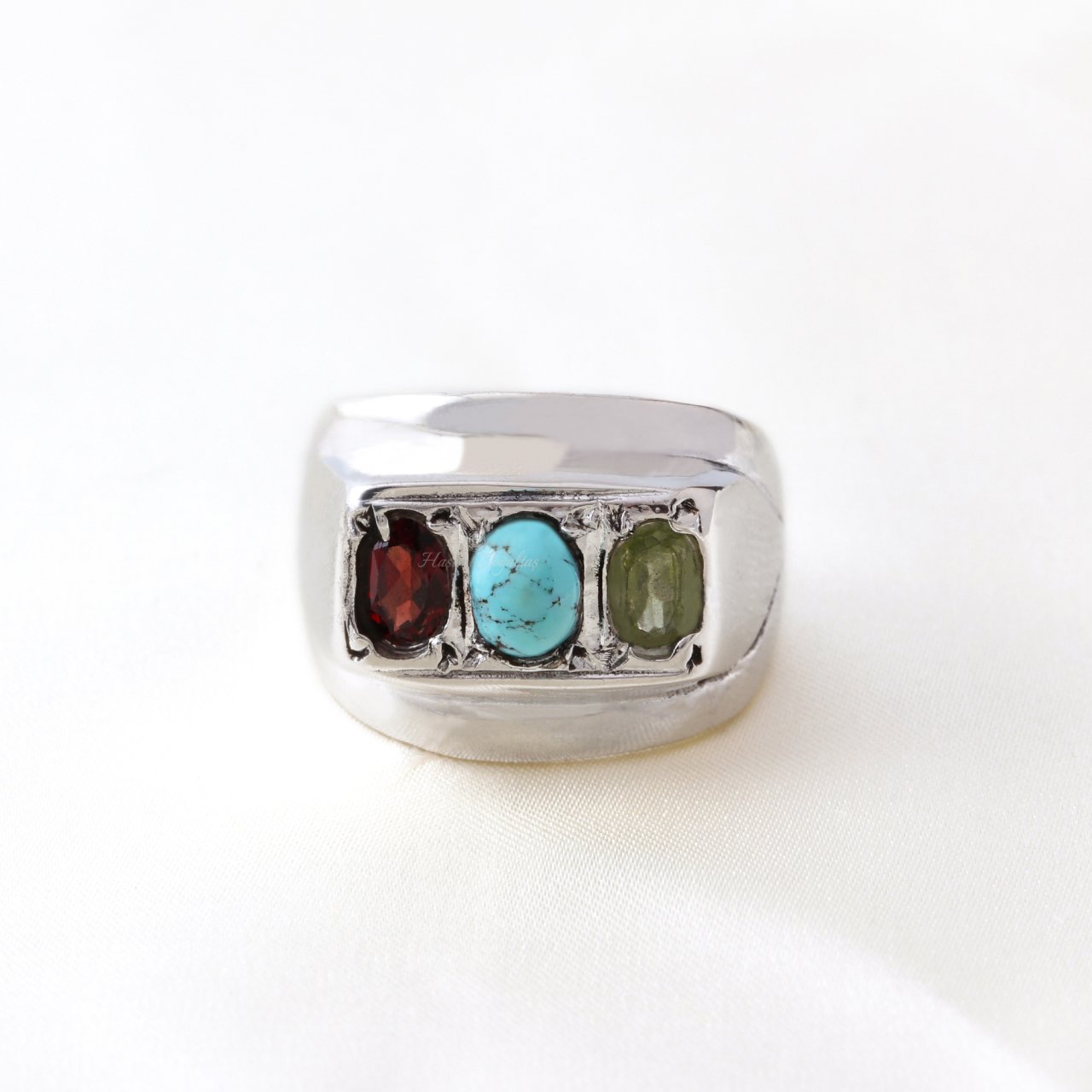 Firuze, Garnet ve Peridot Doğaltaşlı Erkek Gümüş Yüzük — görsel 3