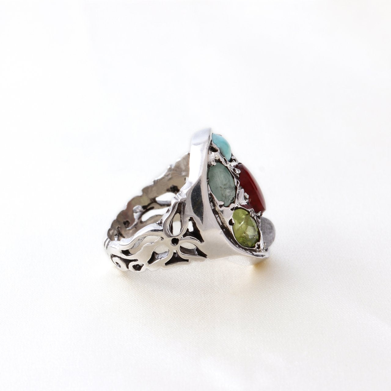 Peridot, Granat ve Firuze Doğaltaşlı Erkek Gümüş Yüzük — görsel 3