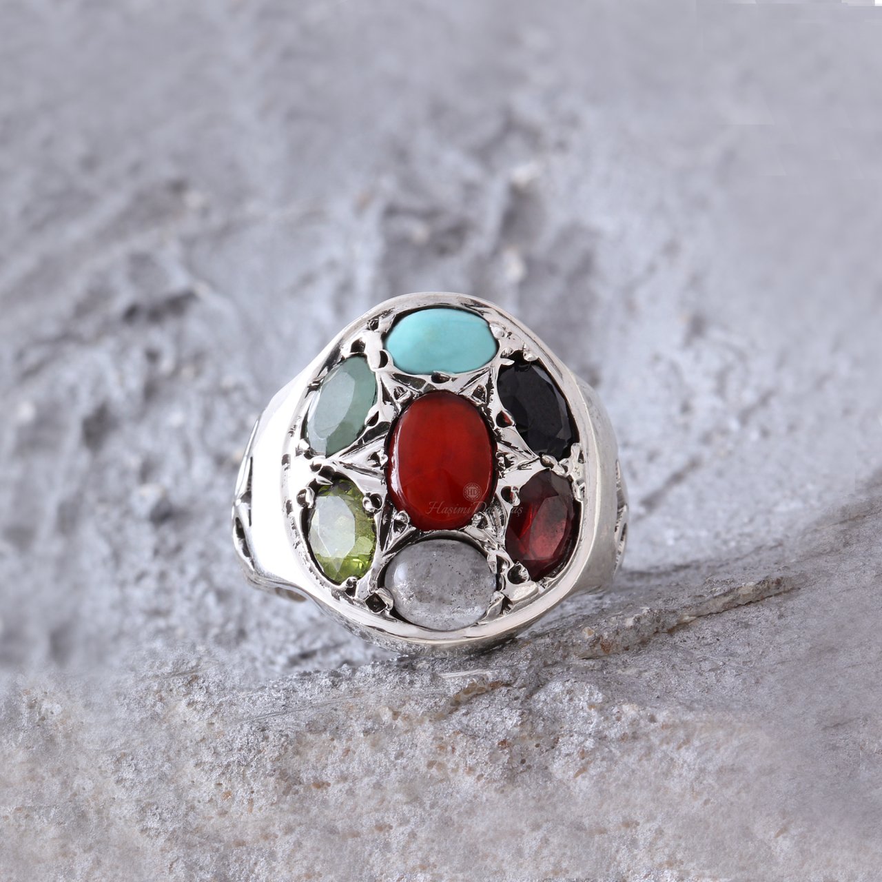 Peridot, Granat ve Firuze Doğaltaşlı Erkek Gümüş Yüzük — görsel 2