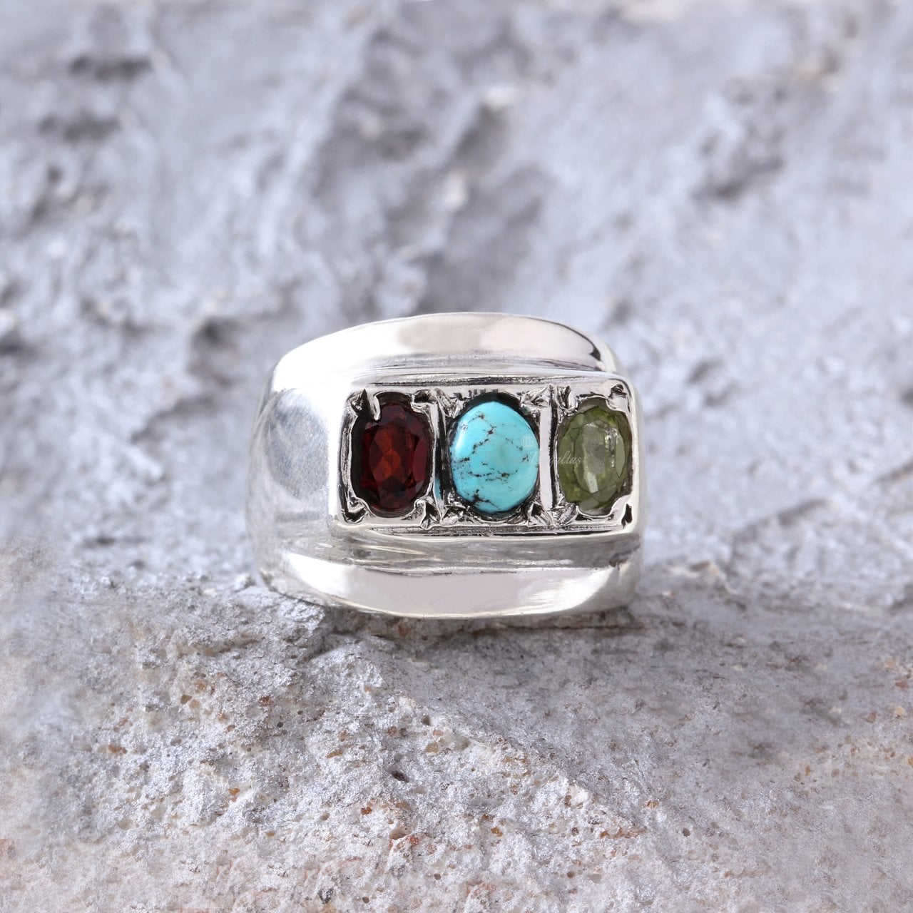 Firuze, Garnet ve Peridot Doğaltaşlı Erkek Gümüş Yüzük — görsel 2