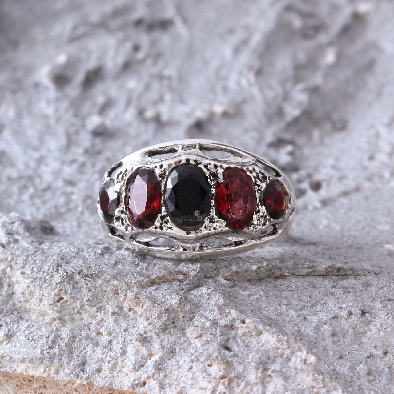 Safir & Garnet Erkek Gümüş Yüzük — görsel 2