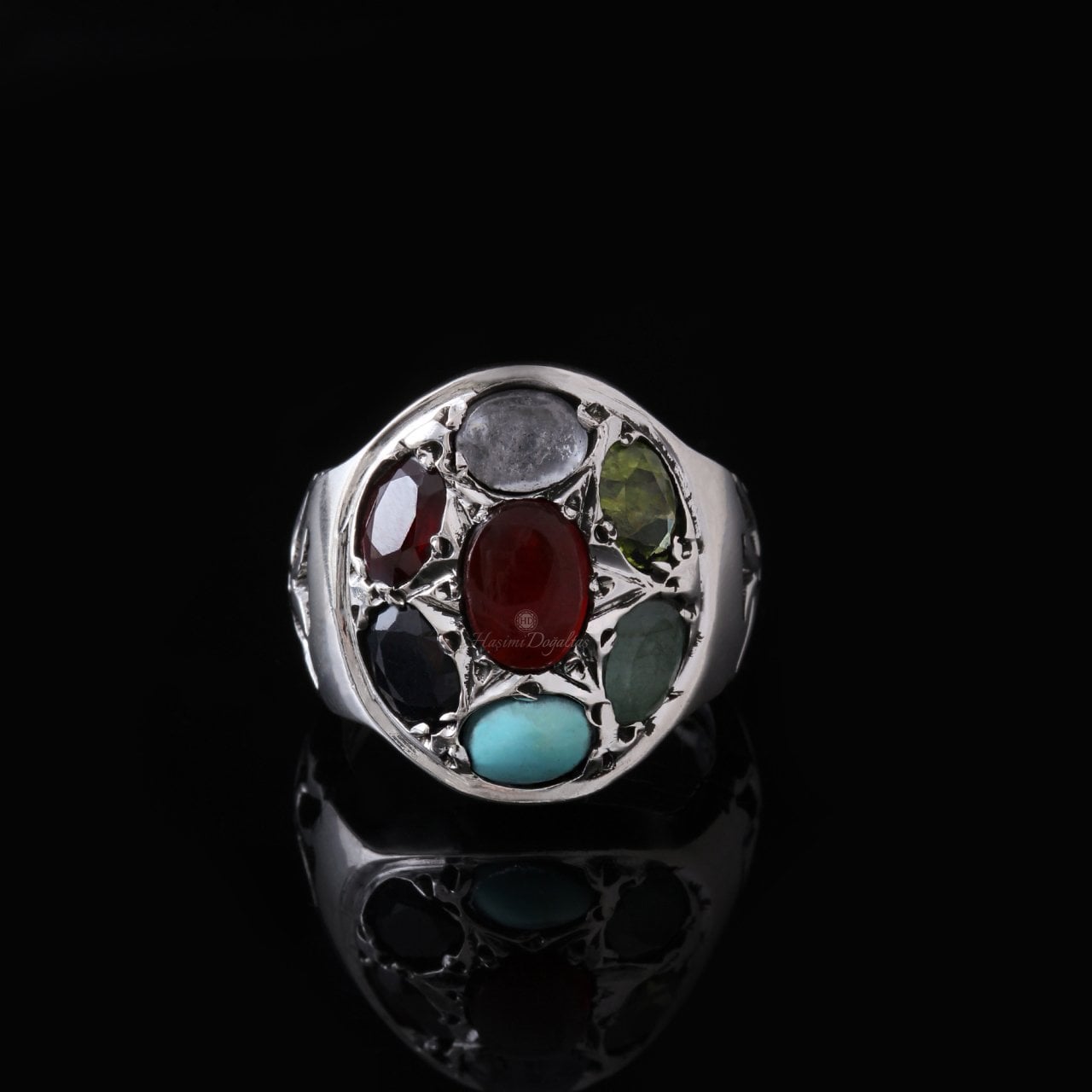 Peridot, Granat ve Firuze Doğaltaşlı Erkek Gümüş Yüzük — görsel 5